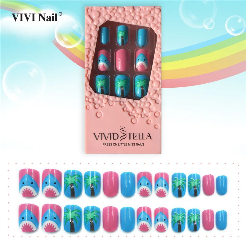 

Shark False Nails With Design 30PCS Full Cover Press on Children Sweet Blue Fake Nail Tips ABS Girl Kids DIY Nail Art