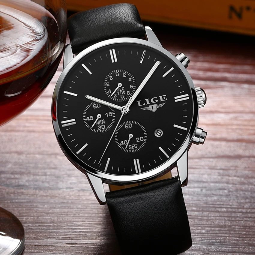 

New Mens Watches Top Brand Luxury LIGE Men Chronograph Sport Wrist Watch Man Leather Business Quartz Watch Relogio Masculino+box