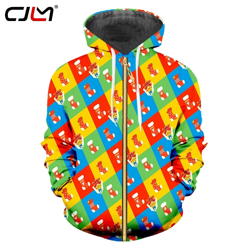 CJLM Christmas New Men's 3D Printed Colored Zip Hoodies Stockings And Gift Boxes Sports Large Size Spandex 5XL Clothing | Мужская