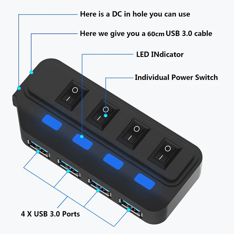 Концентратор USB 3,0, 4, 7 портов, светодиодный выключатель питания, USB высокоскоростной разветвитель, 5 Гбит/с, USB Hab, USB-HUB, EU, US, AU, UK адаптер