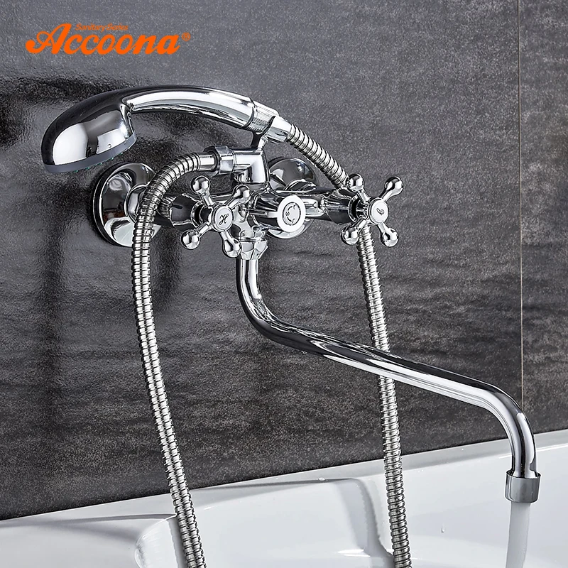Billige Accoona Dusche Armaturen Klassische Badewanne Wasserhahn Verchromt Halter Lange Nase Messing Bad Wasserhahn Bad Mischbatterie A7176