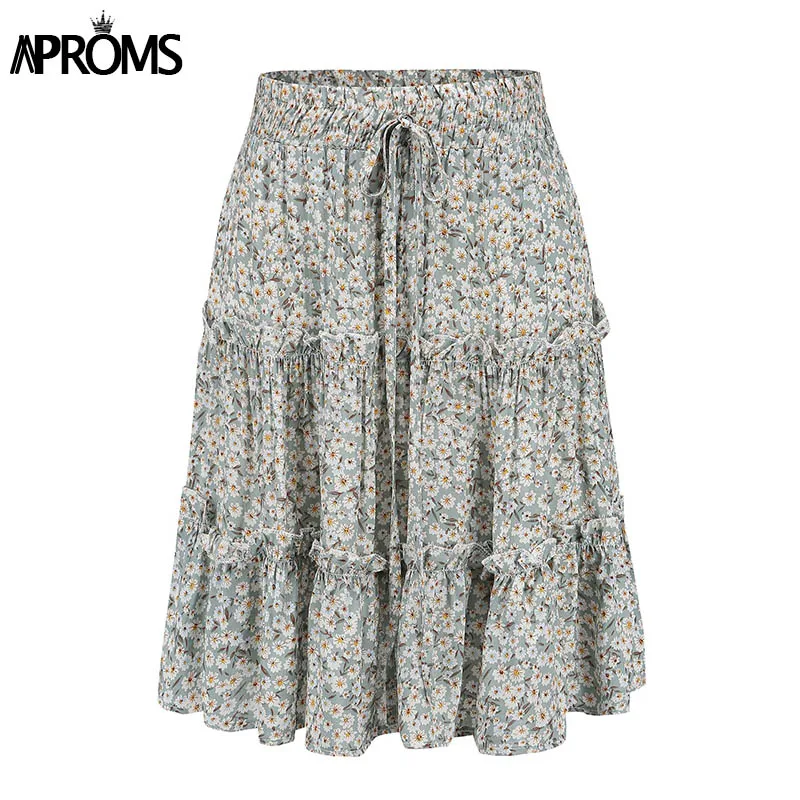 Aproms البوهيمي الزهور طباعة المرأة تنورة عالية الخصر منزعج مطاطا البسيطة تنورة الصيف الشاطئ قصيرة التنانير الأزياء قيعان 2019