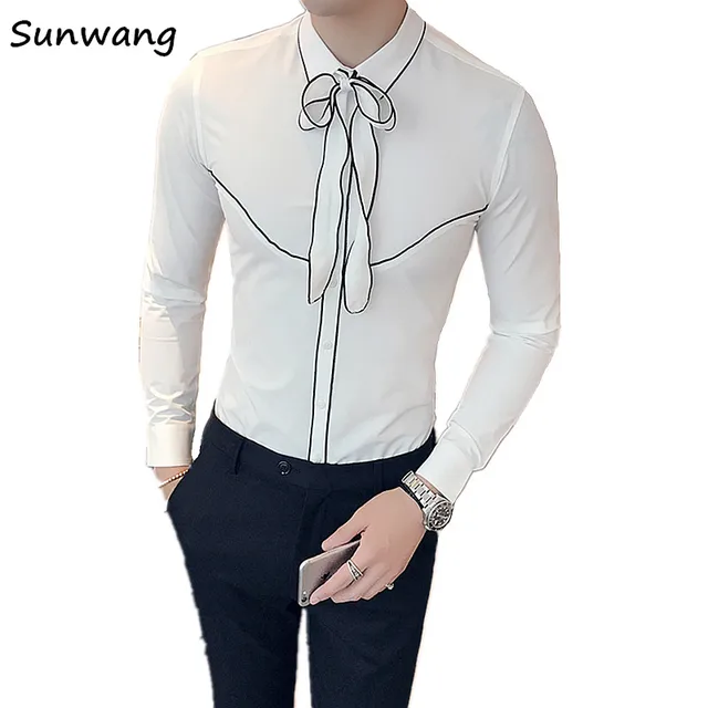 Manga Fit Decoración Blanco Blusas Camisas Esmoquin Slim Coreano Camisa De Otoño Corbata 2019 Diseñador Larga uXTkOPZi