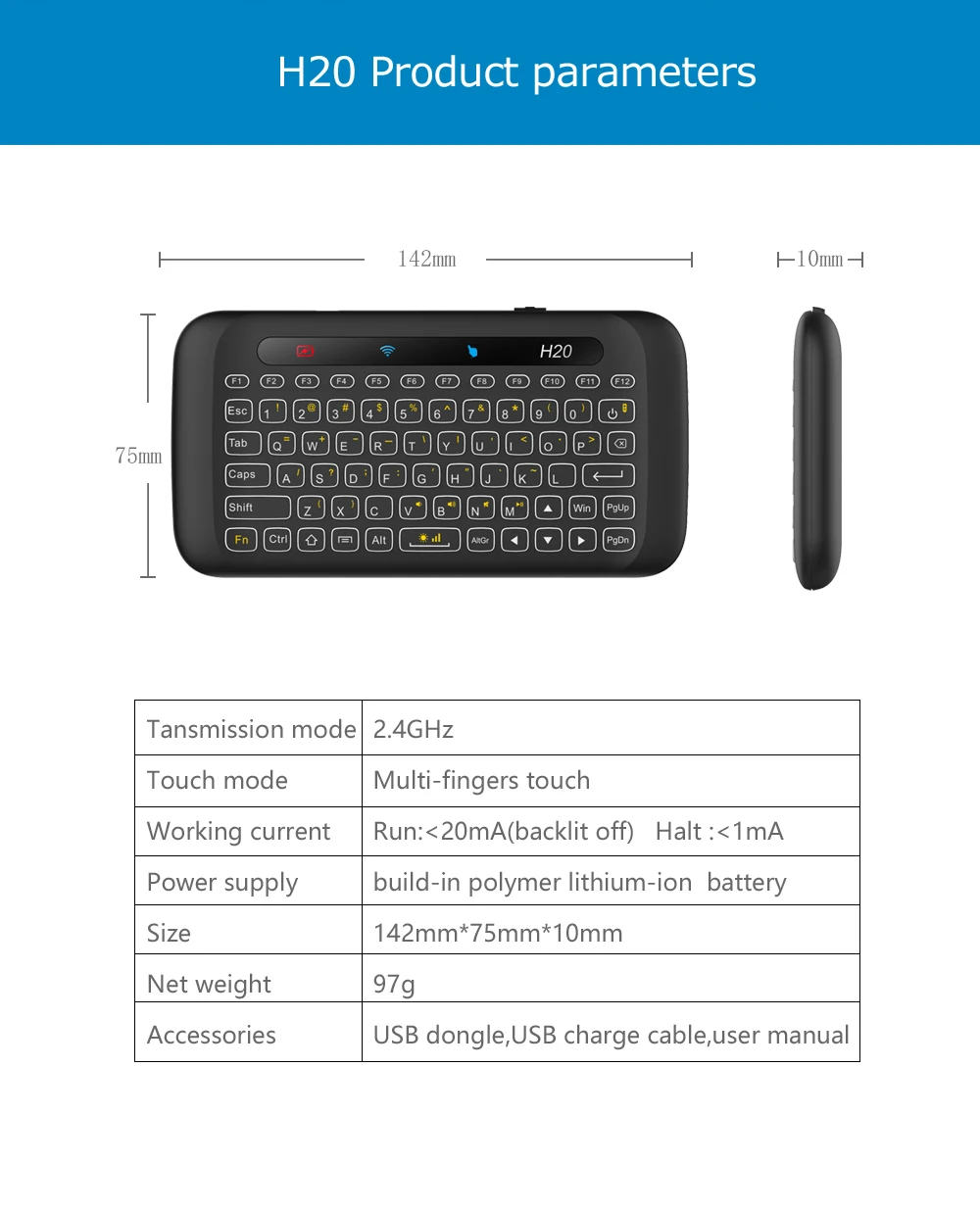 H20 беспроводная клавиатура с подсветкой полный экран тачпад ручной пульт дистанционного управления Мини 2,4G Fly Air mouse для ноутбука X96 Mini Android