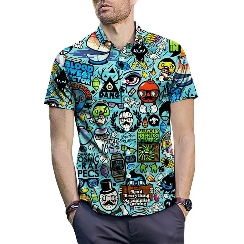 Новая летняя мужская рубашка с 3D рисунком из аниме, модная гавайская рубашка с коротким рукавом, повседневная мужская деловая рубашка, европейский размер