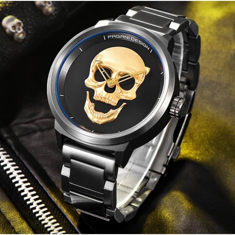 PAGANI фирменный дизайн панк череп 3D персональные часы большой циферблат Ретро дизайн мужские Модные Кварцевые водонепроницаемые часы Стальные часы