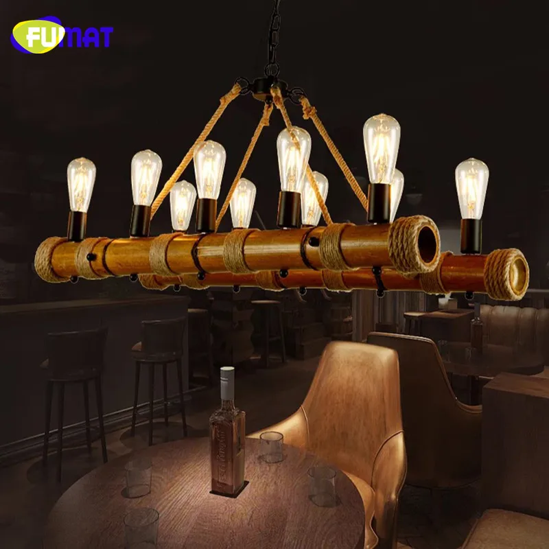 

FUMAT Vintage Chandelier Rope Lamp Loft Restaurant Bar Hanging Light Fixtures American Retro Suspension Lamps Bamboo Chandeliers