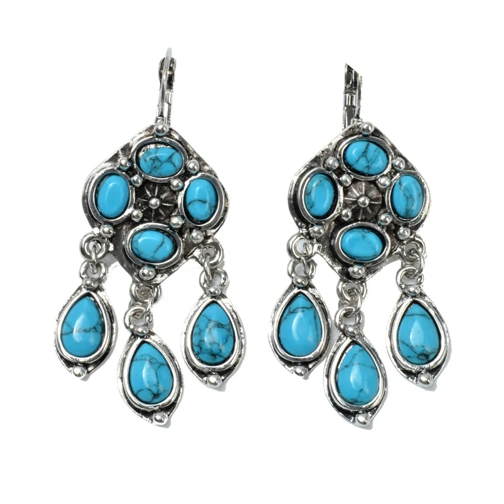

Brand designs new summer style tibetan silver Imitationturquoise teardrop bead tassel statement earrings bohemian pendientes