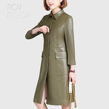 Офисный стиль дамы Весна Черный Зеленый Натуральная кожа настоящая Овчина кожа Длинный плащ ветровка верхняя одежда casacos LT1936