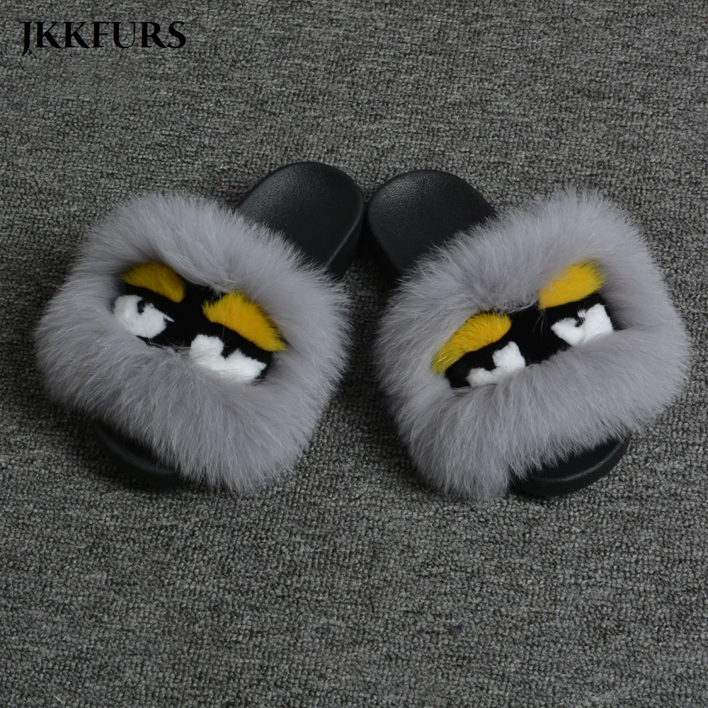

Women's Fashion Monster Slippers Real Raccoon Fur Slides Fox Fur Sliders Luxury Style Shoes S6026