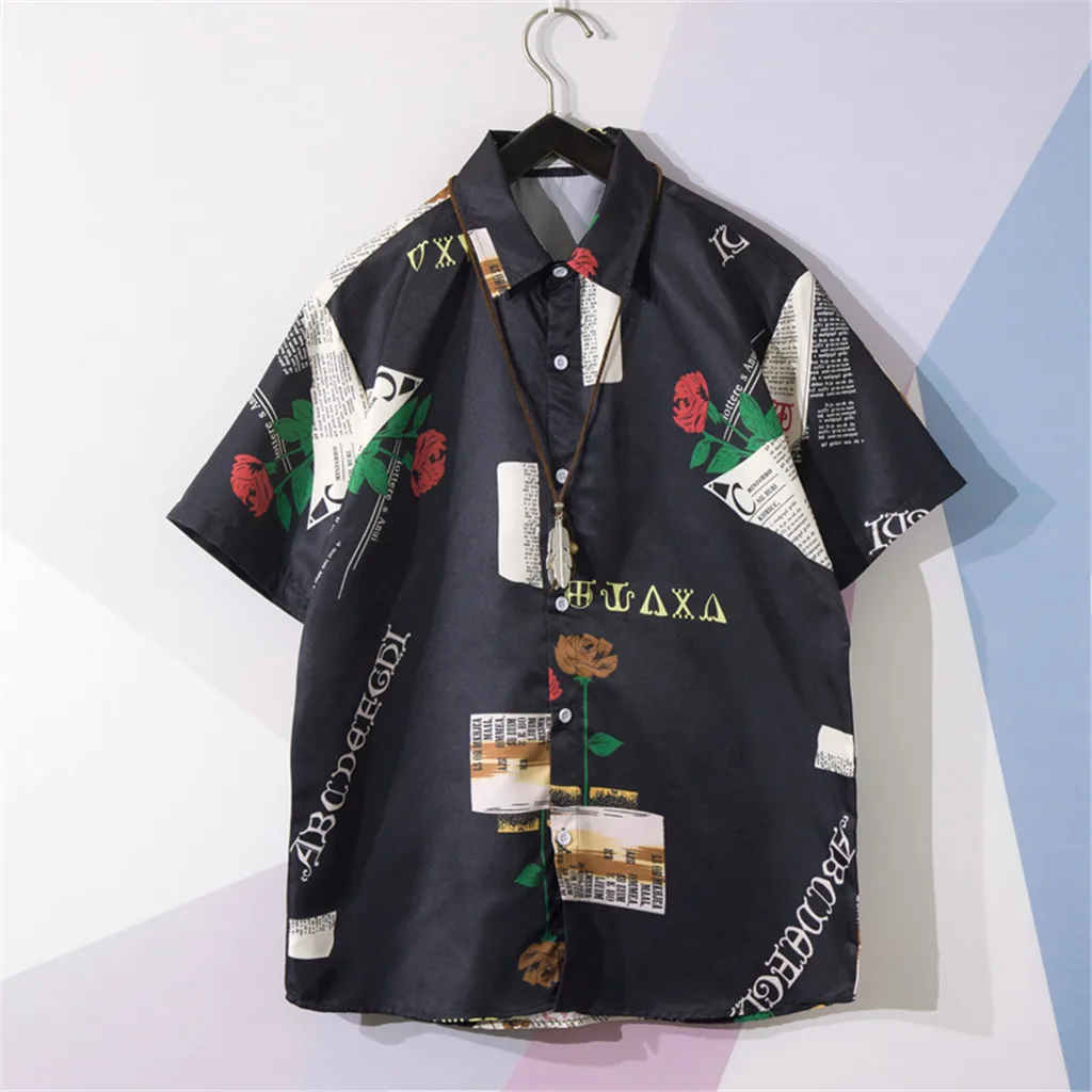 

Men Summer Shirts Casual Vintage Korean Short Sleeve Casual blusas Hawaiian Beach male Mens Clothing Top Blouse