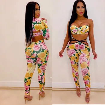 

Fashion 2019 Trendy Floral Print 3 Piece Set Women Long Sleeve Crop Top And Hollow Out Pants Matching Outfits