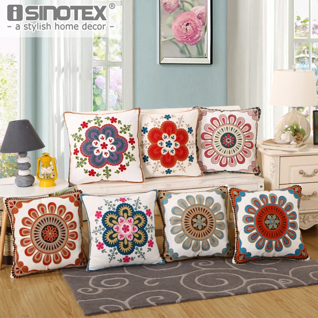

Embroidered Flower Floral Square Pillowcase Pillow Case Cushion Cover Cotton Square Decoration Living Room Home Sofa 45x45CM