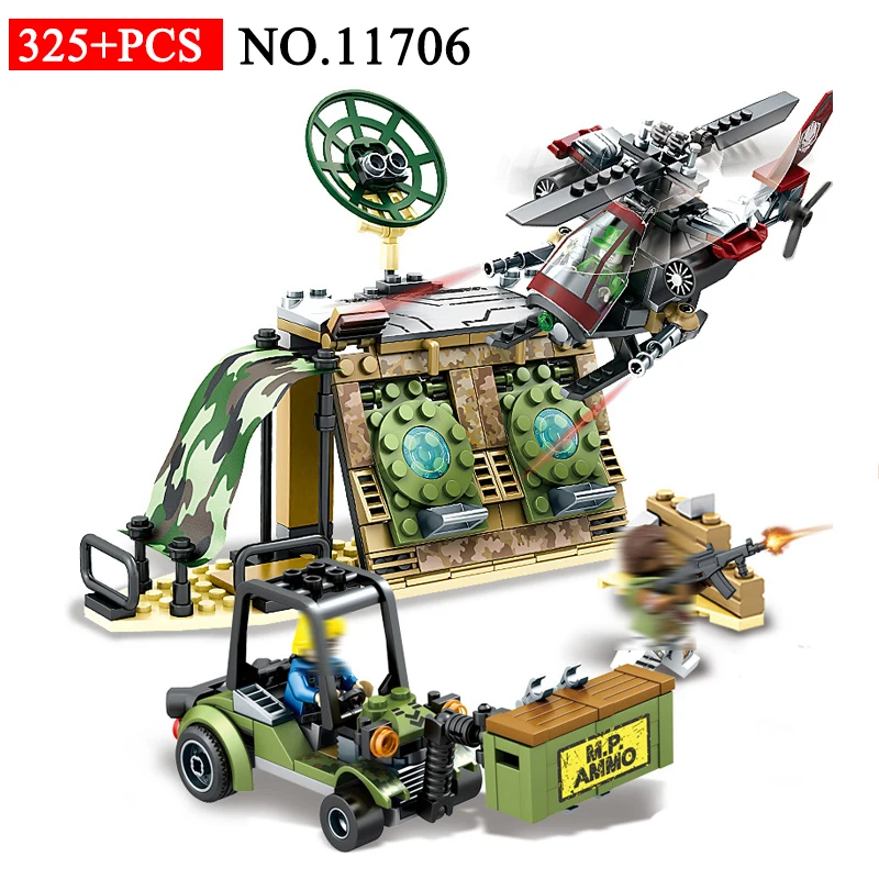 

SEMBO 11706 325pcs Black Gold Military Aircrafts Helicopter Attack Desert Supply Station Building Blocks Toys For Children