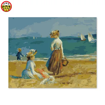 

painting by numbers art paint by number beach dog lady European leisure hand painting coloring Monet's famous lady by the sea pa