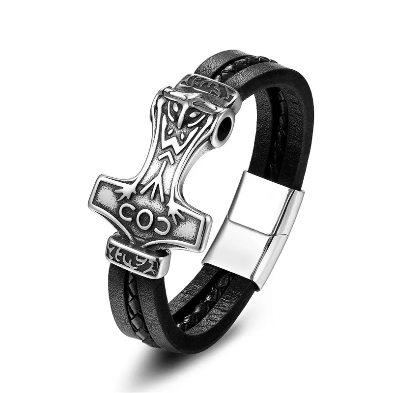 MKENDN Viking Men Stainless Steel Wolf Thor Hammer Leather Bracelet Punk Style Statement Magnet Buckle Bracelet Jewelry Gift