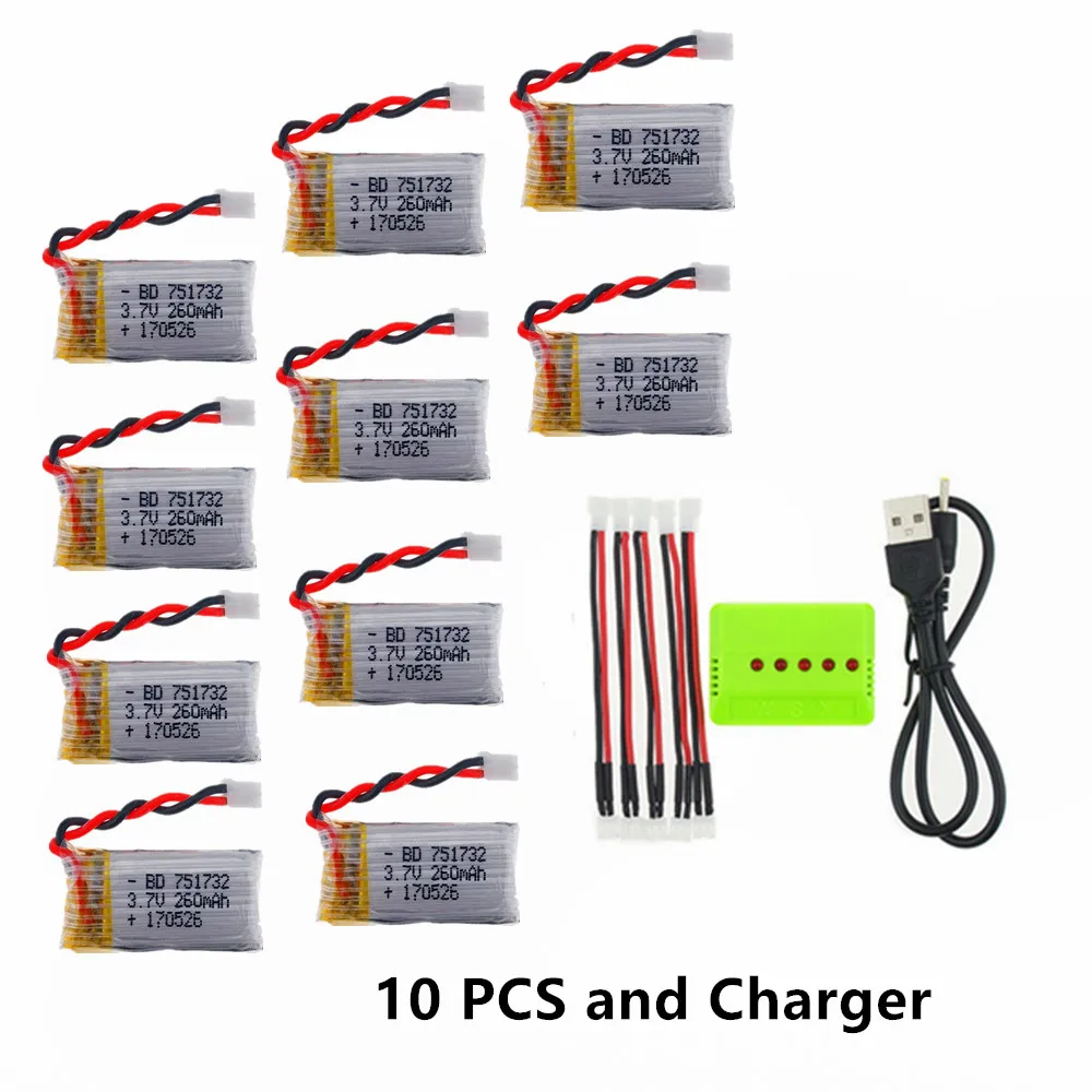 

10 Pcs 3.7V 260mAh jst-ph 2.0 Connect Lipo Battery and Charger for Eachine E010 JRC H36 Mini RC Quadcopter drone parts