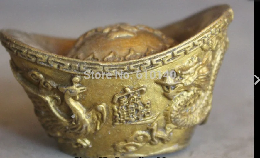 

5CM China Bronze Brass Carving Dragon Phoenix Yuanbao Treasure bowl Rich Statue