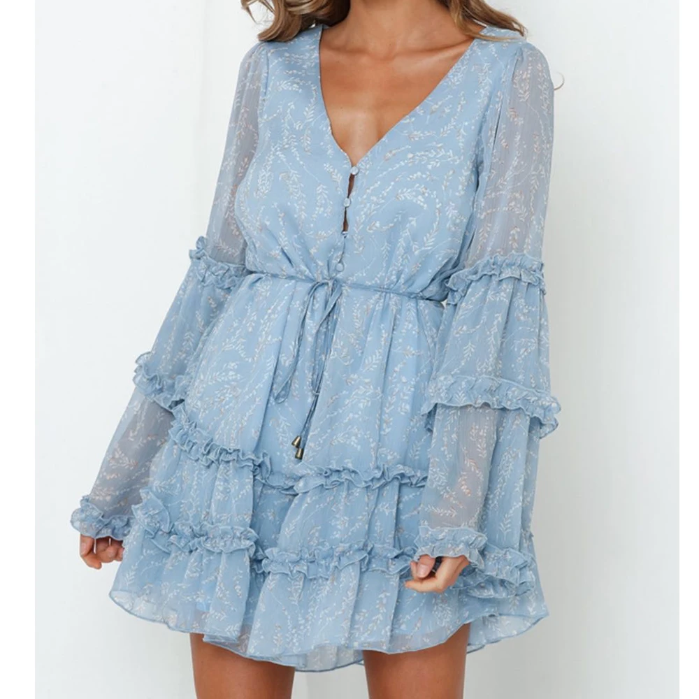 

Tosheiny 2019 Women Summer V Neck Long Sleeve Ruffles Dresses Female Floral Print Elegant Mini Dress DM0049
