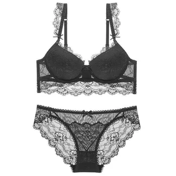 

2PCS Women new 2018 lace floral Bra briefs set sexy push up padded bra Low waist ladies fashion Bow lingerie set underwear femme