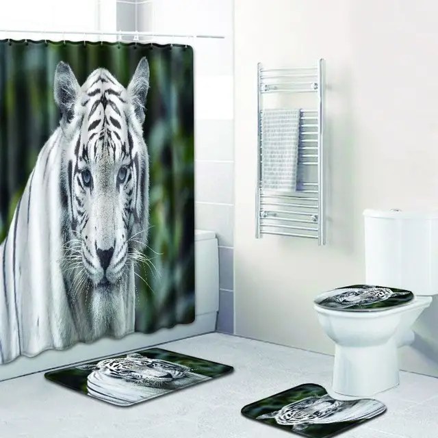S 3D Tiger Print 4pcs Bathroom Mat Sets Shower Curtain for Chrismas