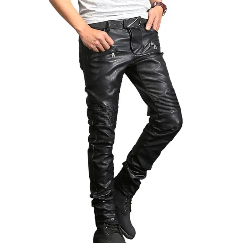 

New France Style Mens Ripped Moto Pants Ribbed Skinny Black PU Leather Biker Slim Trousers Pencil Pants Size 29-40