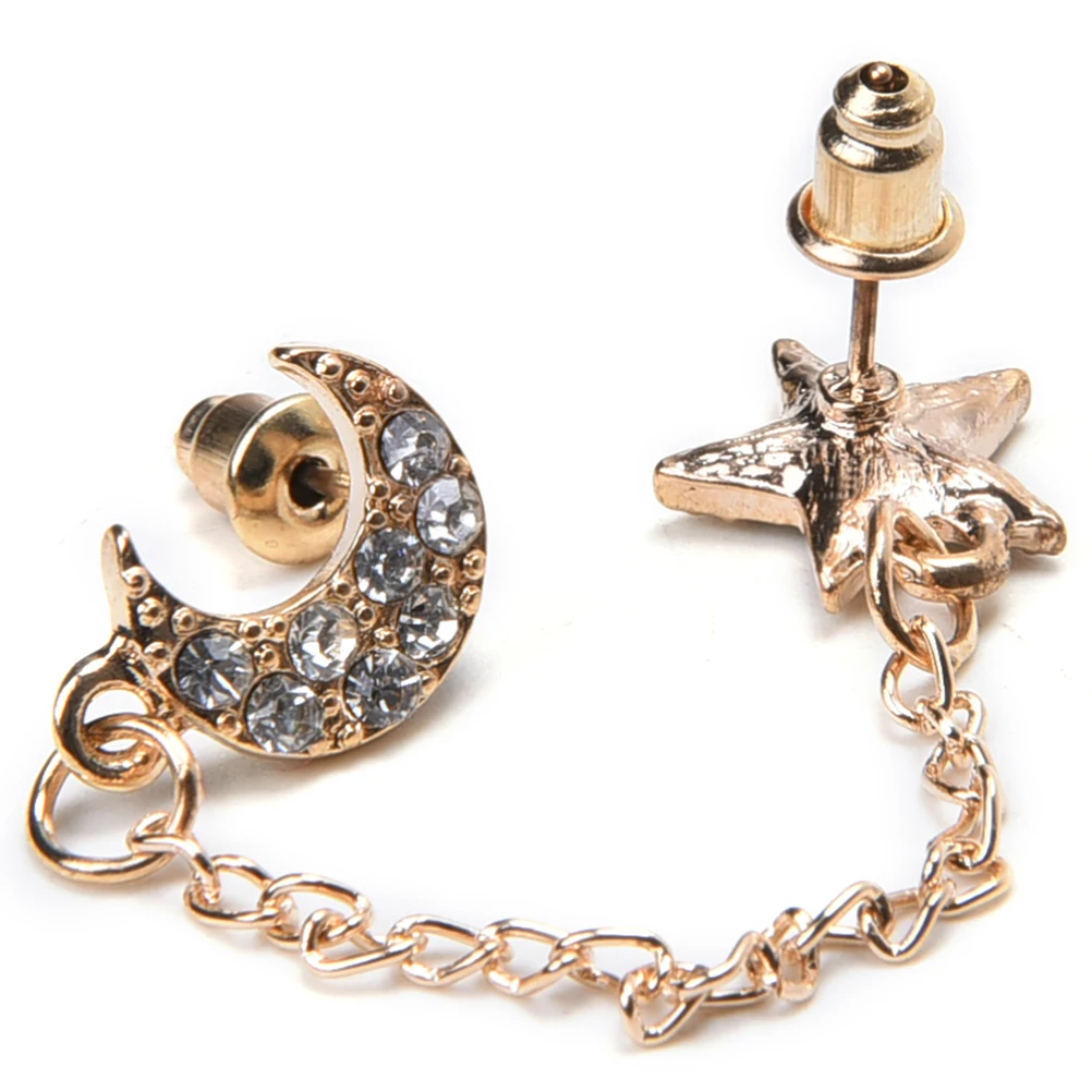 

1 PC Moon Star Shaped Jewelry The New Two Ear Holes Connection Stud Earrings Double Ear Hole Chain Piece Rhinestone