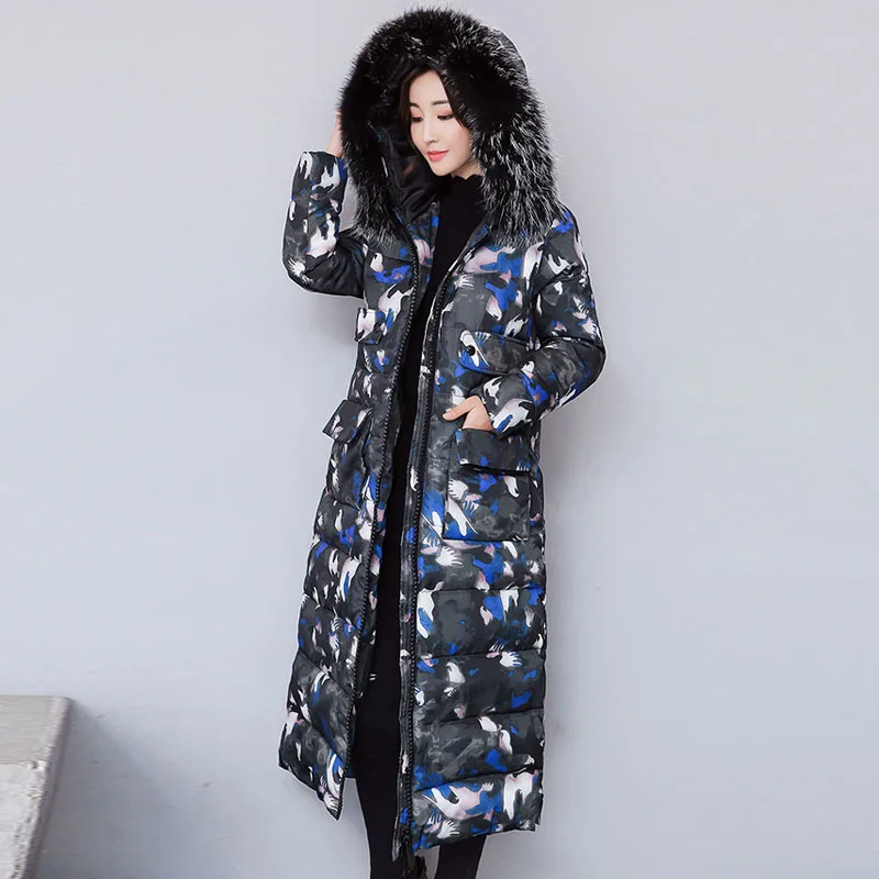 Высокое качество, женская зимняя куртка с меховым воротником и капюшоном, Женское пальто с хлопковой подкладкой, теплая плотная Женская парка X-long - Цвет: Синий