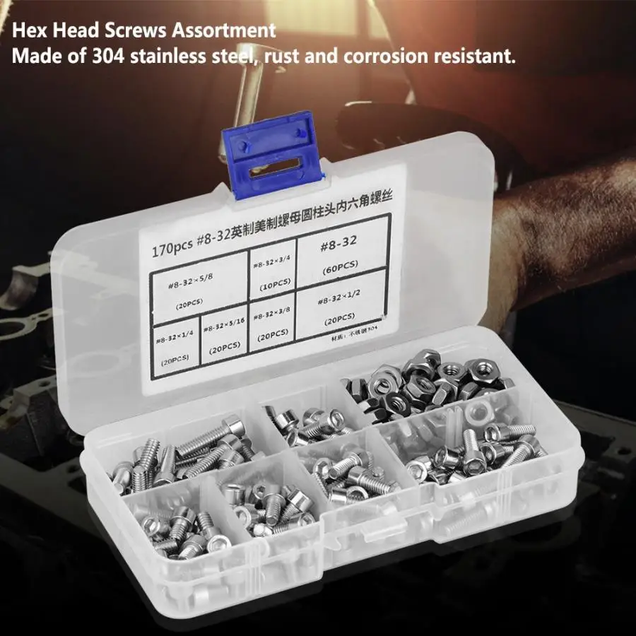 

170pcs #8-32 Stainless Steel Screws Nuts Set Hex Socket Screw Cap Head Screws Nuts Assortment Kit Screw Set for laptop tornillos