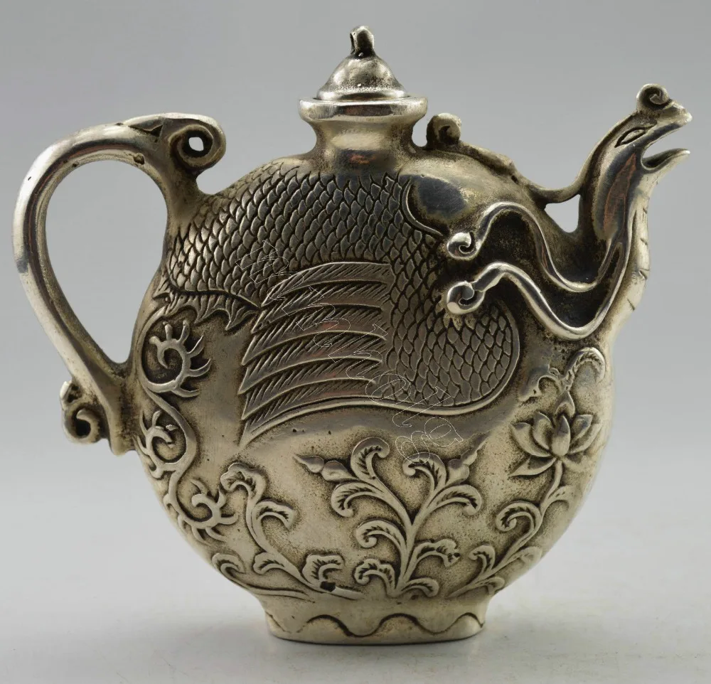 

Crafts statue Collectible Decorated Old Handwork Tibet Silver Carved Phoenix Tea Pot