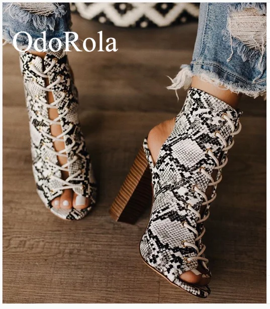 

OdoRola Women's Chunky Heel Sandals 11.5cm Gladiator Leather Sandals Sexy Crossed-tied Sandals Leather Boots Sandals