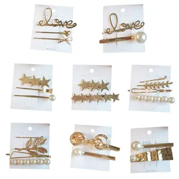 

Minimalist Metallic Gold Geometric Hairpin Women Faux Pearl Bead Love Letter Hair Clip Glitter Star Long Strip Duckbill Barrette