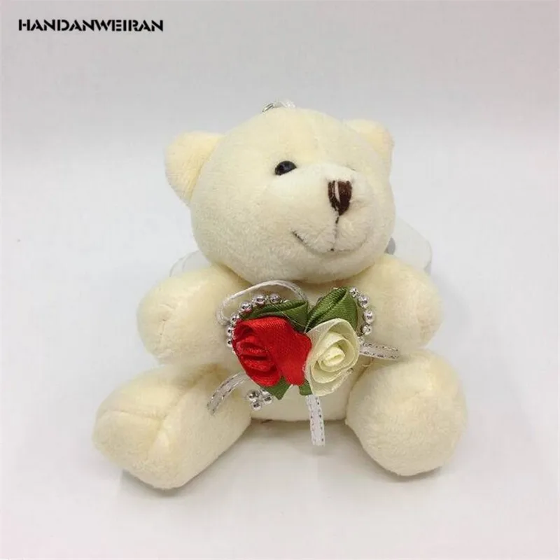 

HANDANWEIRAN 1Pcs New Kawaii 9CM Flowers Bear Plush Stuffed Toys Lovely Bow Tie Bear Pendants Plush Toy Valentine Gift PP Cotton