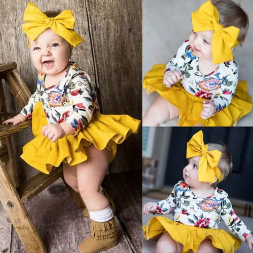 

3Pcs Newborn Baby Kid Girl Floral Romper Tops+Dress Headband Outfits Clothes Set