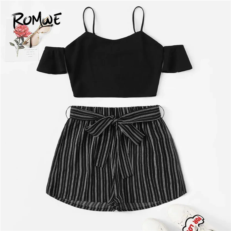 

ROMWE Cold Shoulder Striped Crop Top Belted Pinstripe Shorts Set Sexy Black Summer Spaghetti Strap Set Women Two Piece Set