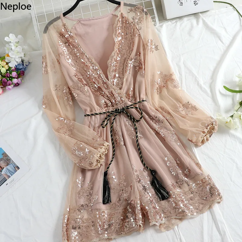 

Neploe Heavy Embroidery Sequined Women Dress V-Neck Long Sleeve Vestidos Chic High Waist Sashes Party Robe 43520