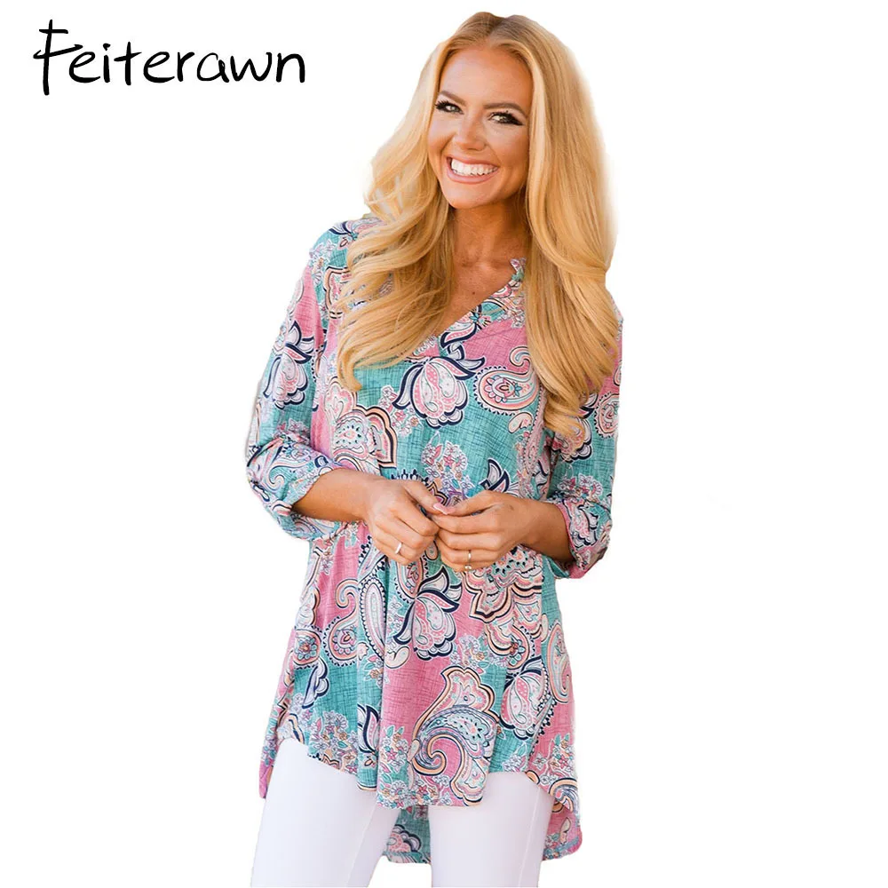 Feiterawn Floral Blouse Women Magenta Paisley Blossom Print Slight V Neck Blusas 2018 Lady Big Size Roll Up Sleeve Slit Blouses |