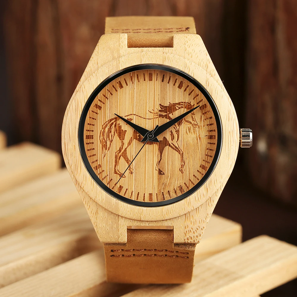 

Bamboo Horse Eagle Pattern Wood Wrist Watch Men Casual Sport Light Brown Nature Wooden Quartz Men's Watches Wood Bangle Clock