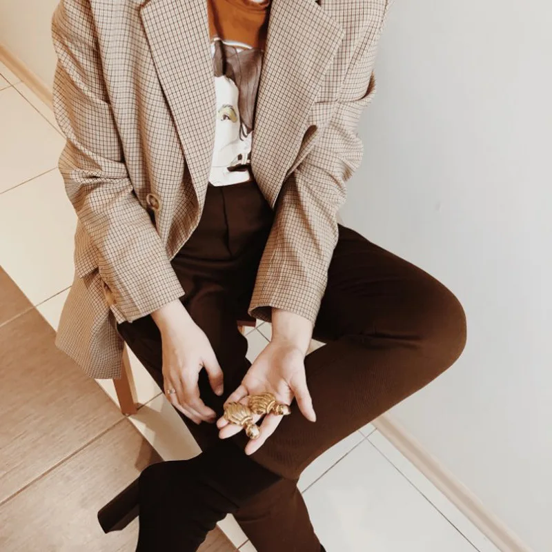 Notched Collar Women Jacket Blazer Classic Plaid Double Breasted Female Suits 2019 Spring Autumn Fashion Coat  Houndstooth Coats