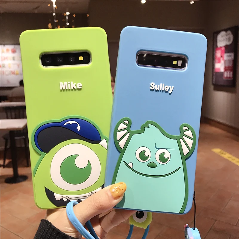 

Sam S10 Cute Monsters Soft phone case for Samsung Galaxy S9 plus S8 Note8 note 9 Sullivan Mr. Q mike cartoon cover + strap