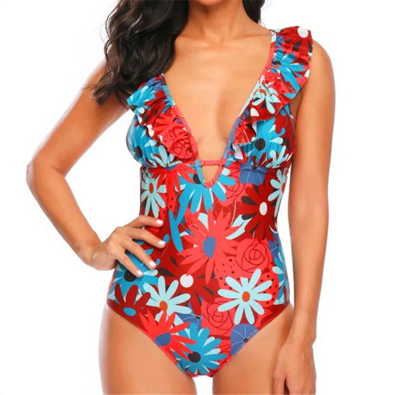 2019 Deep V Swimsuit One Piece Swimwear Female Mayokini Ruffle Strappy Bathing Suit Red Floral Printed Rope Backless Monokini XL