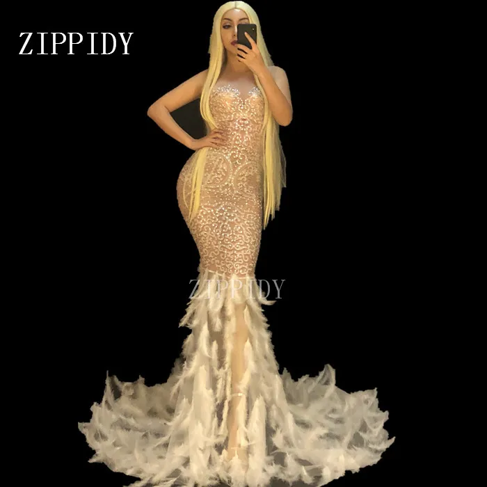 

fashion Sexy See Through Mesh Rhinestones Dress Evening Birthday Celebrate Feather Singer Costume Long Net Yarn Dress YOUDU