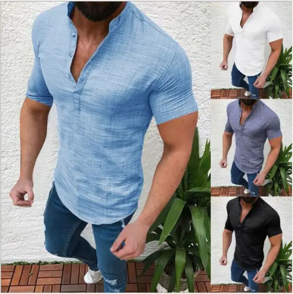 

2019 New Men's Linen Button Loose Short-sleeved Shirt Solid Color Shirt