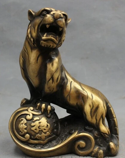 

xd 002149 8" Chinese Bronze Year Zodiac Wealth Ferocious Tiger On RuYi BAT Statue Animals
