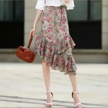 S-2XL размер с принтом шифоновые юбки женские винтажные элегантная для работы в офисе оборки тонкие бедра асимметричные юбки одежда женские вечерние юбки