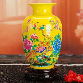 

Modern Ceramic Yellow Home Decoration Red Porcelain Vases With Flowers And Birds Lotus And Fish Pattern