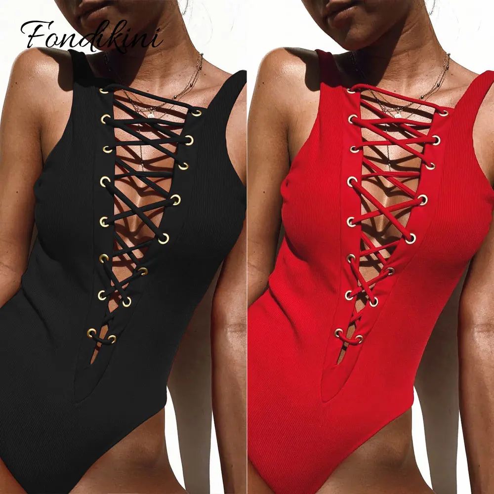 

2019 Bandage Swimsuit Women One Piece Swimwear Female Hollow Out Bathing Suit Solid Beachwear Monokini Swim Wear Maillot De Bain
