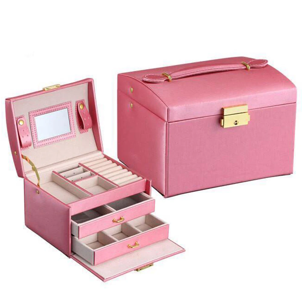 

Storage Box Double Drawer Hand-held PU Dressing Table Three-layer Jewelry Box 17.5*14*13cm Girl Gift