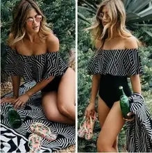 

Ruffles Off The Shoulder One-Piece Swimsuit 2018 New Women Beachwear Swimwear Push Up Print Geometry Bikini Bathing Black w025#