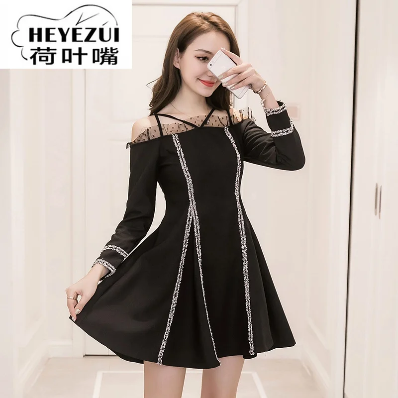 

2018 autumn and winter women black mini dress